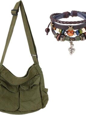 Canvas Messenger Bag for Women, Grunge Bag with Fairy Grunge Bracelet, Crossbody